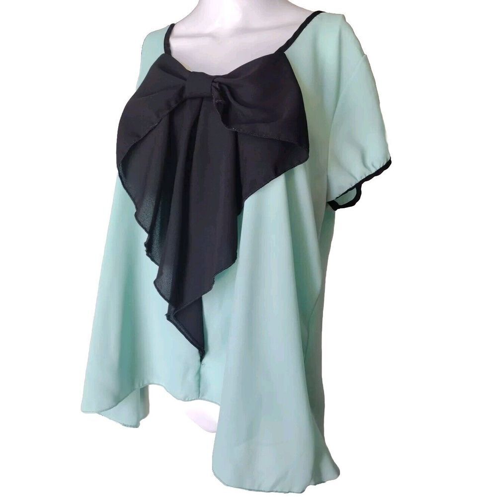 Rue 21 Woman XL Mint Black Bow Lightweight‎ Sheer Blouse Office Career Formal